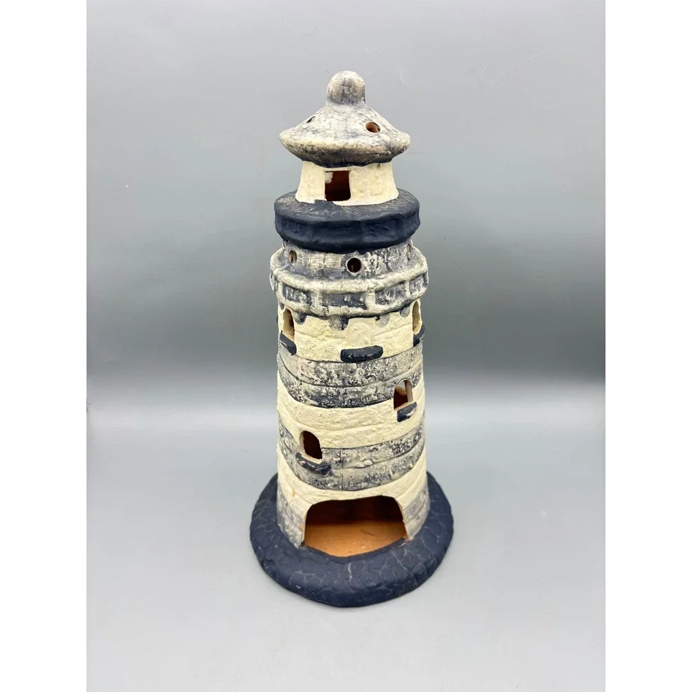 Nautical Coastal Ceramic Lighthouse Candle Holder Tealight Lantern Terracotta‎